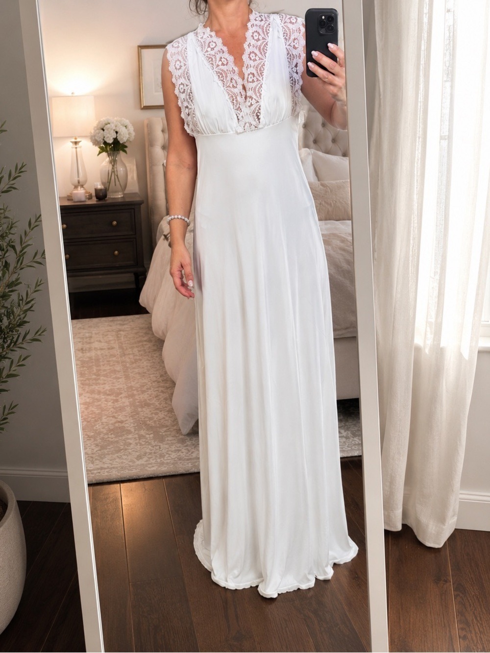 Vintage White Lace Trim Satin Nightgown